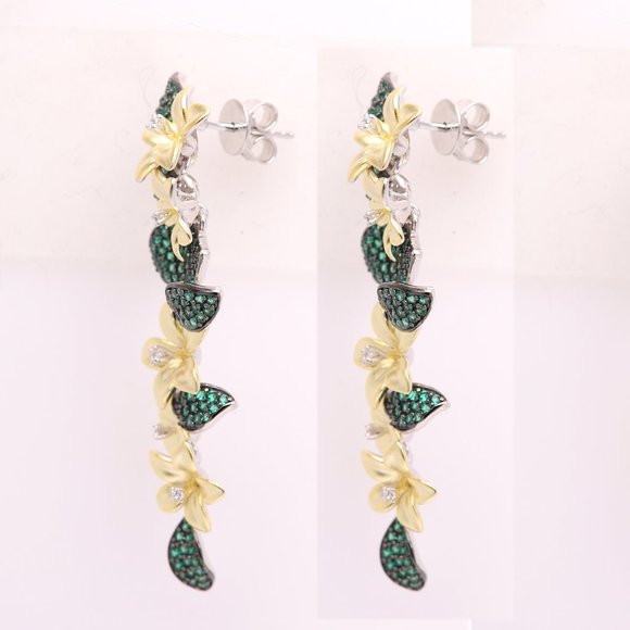 Long Flower Earrings Sterling Silver Brilliant Green Flowers Earring - Picture 5 of 5